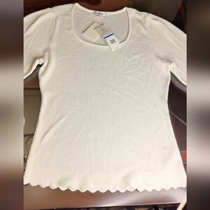 Sam Edelman Cream Ribbed Knit Pullover Top Scallop Hem Retails $79 NEW W Tags